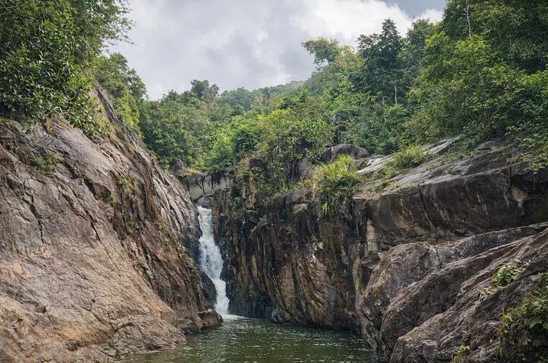 Waterfall dropping into a rock canyon pool on El Yunque's south side