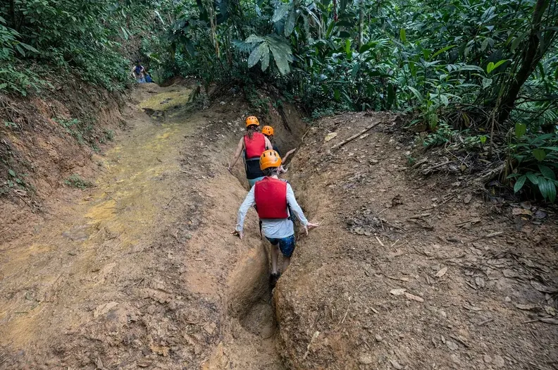 Guests hiking single file down a rainforest trail on the El Yunque waterslides tour